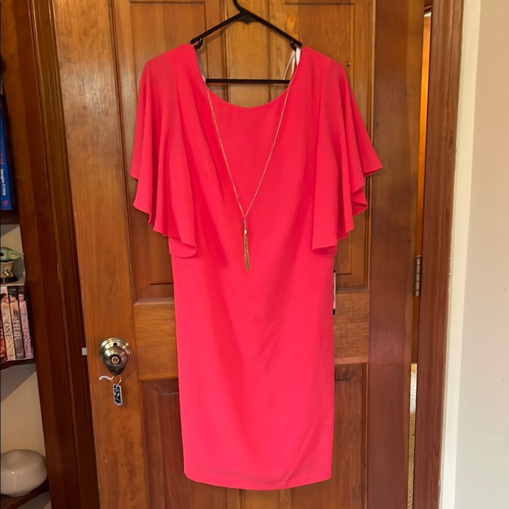 AGB Orange Sheath Dress with Flutter Sleeves V-Neck